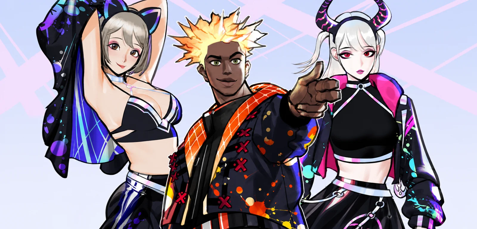 Three characters with their own colorful streetwear styles